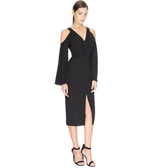 NWT KEEPSAKE THE LABEL XS COLD SHOULDER BELL SLEEVE MIDI DRESS IN BLACK $199 - Picture 2 of 8